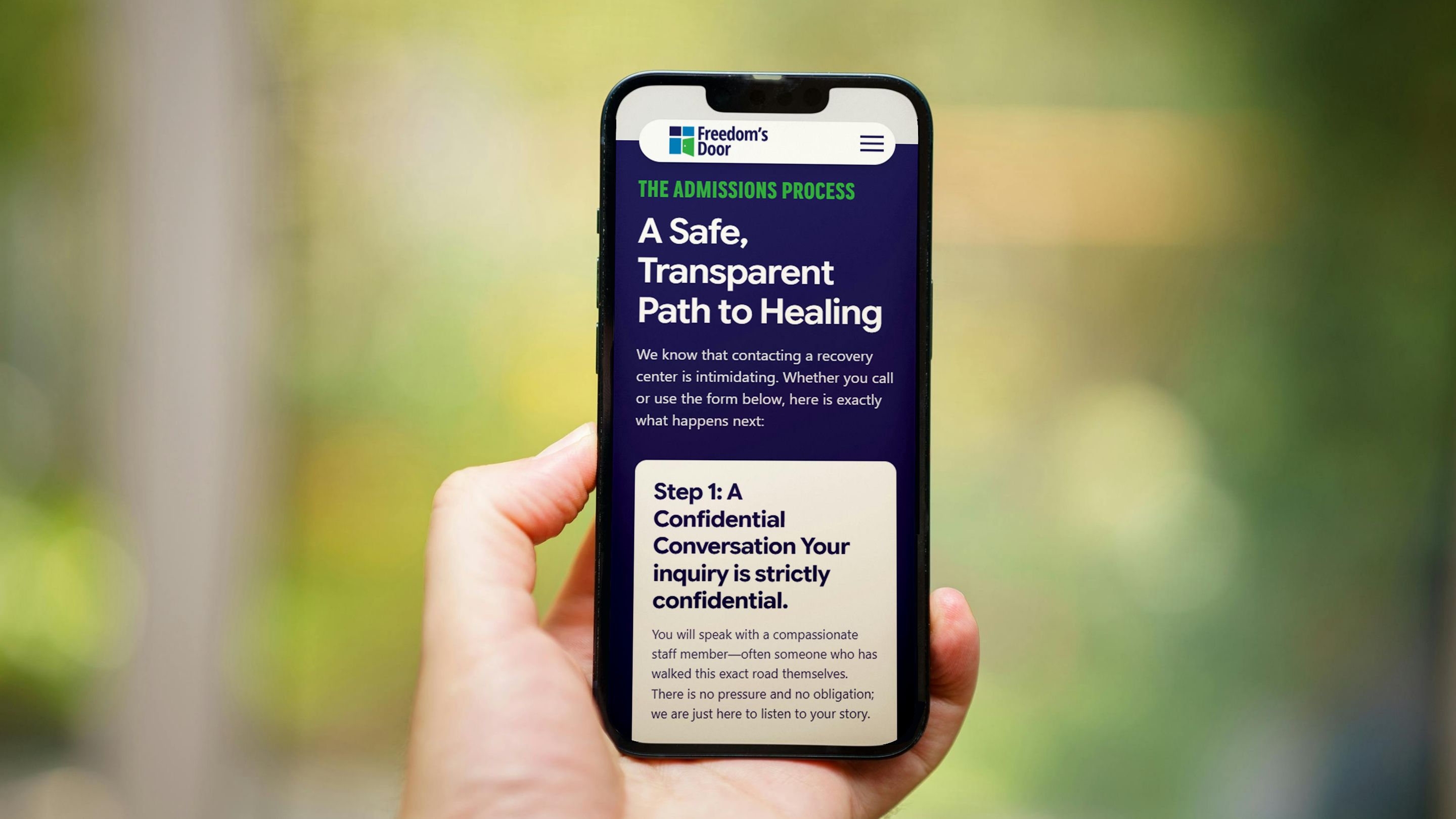 Phone showing the Freedom's Door admissions process: a safe, transparent path to healing